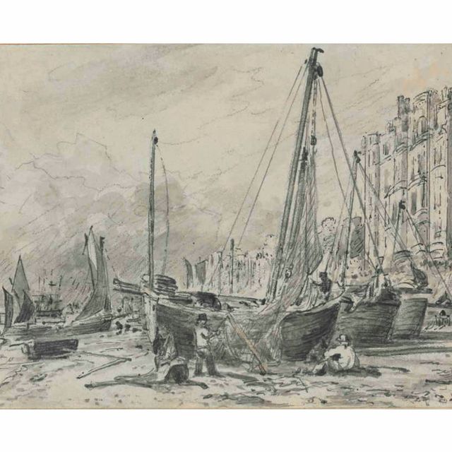 John Constable — Выброшенные на берег рыбацкие лодки с рыбаками, чинящими сети на пляже в Брайтоне, смотрят на запад.