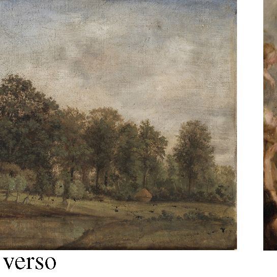 John Constable — Святая Тереза, ходатайствующая за Бернардино де Мендосу, по Рубенсу (слева направо ); и лесистый пейзаж с коттеджем за ним (справа налево ).