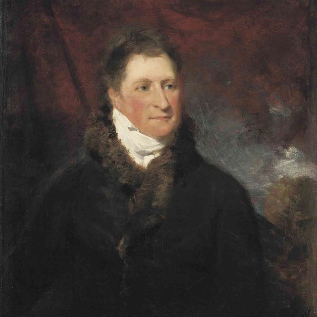 John Constable — Портрет Генри Гресуолда Льюиса (1754-1829) в полный рост, в коричневом пальто на меховой подкладке, на фоне красного занавеса и пейзажа за ним