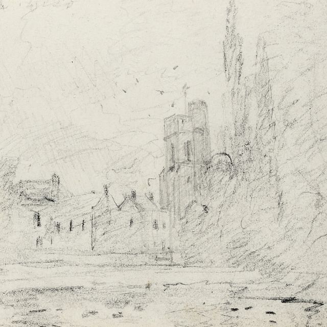 John Constable — Пейзаж со зданиями и башней, виднеющимися над водой