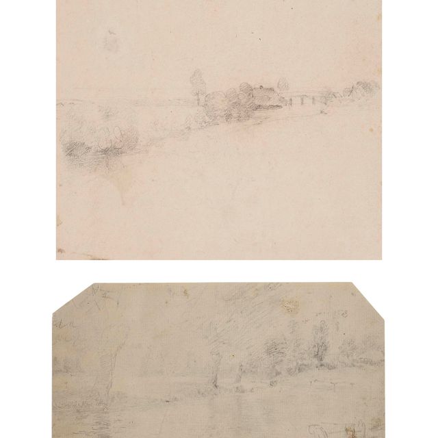 John Constable — Стоур со Стратфордским мостом Святой Марии (справа ) и черновиком письма ( справа ); и пейзаж с церковной башней, вероятно, также на реке Стоур