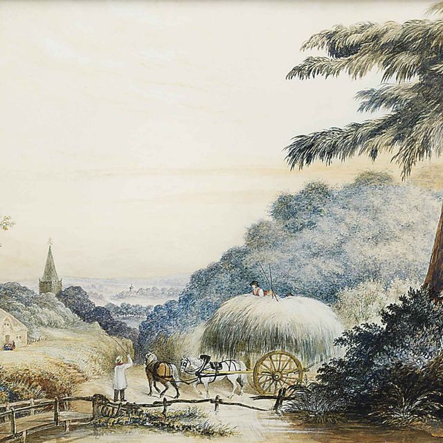 John Constable — Повозка с сеном на проселочной дороге, церковь за ней.