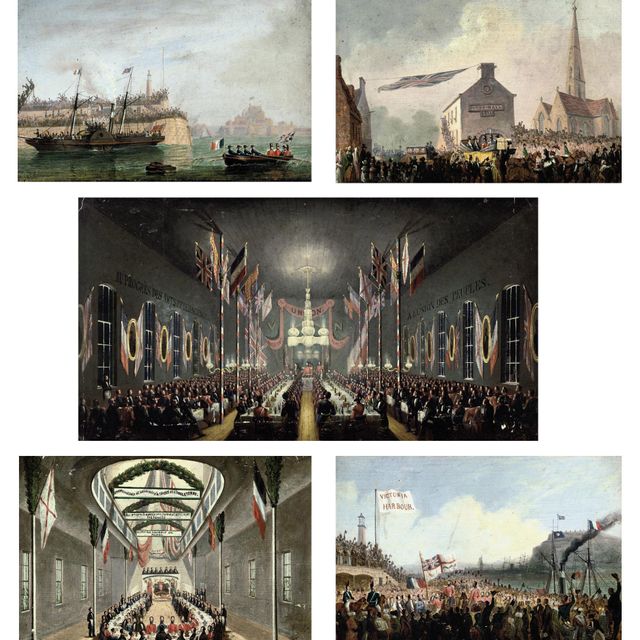 John Constable — Коллекция из пяти фотографий визита гражданских и военных властей и национальной гвардии Гранвиля и д'Авранша на остров Джерси, 8 октября 1850 года, включая: прибытие и высадку; Парад в экипаже и прием посетителей констеблем мистером Саймоном, преподобным М. Ле Харди и другими представителями власти. прихода Святого Петра; Банкет 9 октября под председательством подполковника Салливана, командира 5-го полка Королевской милиции Джерси; Обед, данный Обществом трезвости под председательством Дж. М . Никлина 10 октября; и вручение флага подполковником Салливаном из 5-го полка Королевской милиции Джерси. Полка Королевского ополчения Джерси командующему Национальной гвардией Гранвиля М. Валески и отъезду посетителей 11 октября