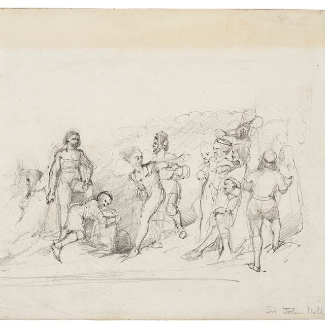 John Everett Millais — Драматическая историческая сцена (справа); Группа фигур и собака, окружающие мертвеца (сзади)