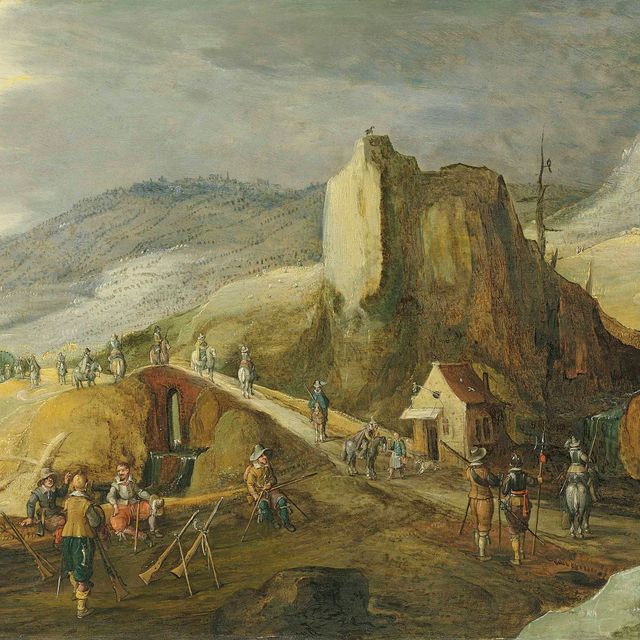 Joos De Momper — Горный пейзаж с солдатами, готовящимися к атаке у моста