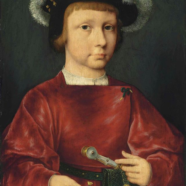 Joos Van Cleve — Портрет молодого дворянина, небольшого роста, в малиновом камзоле, в берете с пером, с маргариткой в руках.