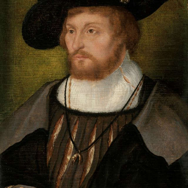 Joos Van Cleve — Портрет короля Дании Кристиана II (1481-1559), небольшого роста, в камзоле с разрезом, с орденом Золотого руна.