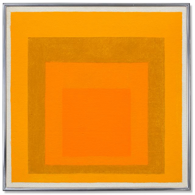 Josef Albers — Этюд в честь Площади: два теплых оранжевых с зеленоватым и бледно-желтым
