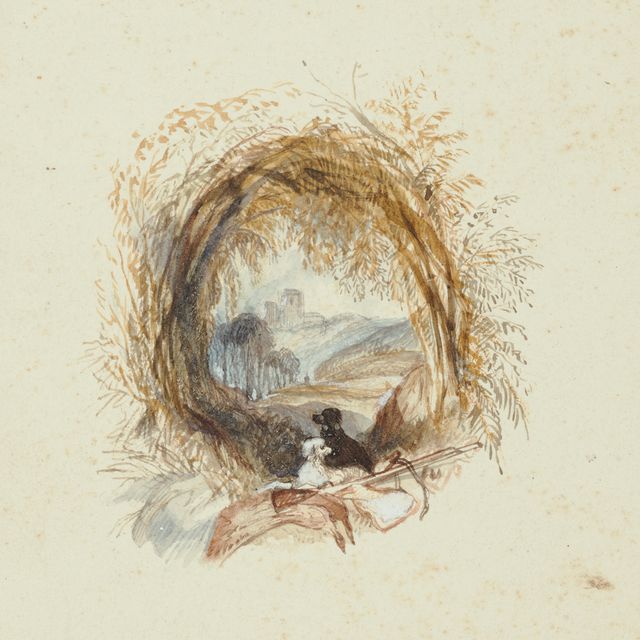 Joseph Mallord William Turner — Отдаленный вид на Ньюаркский замок: вдали на дороге стоит карета, а на переднем плане собаки, окруженные деревьями.