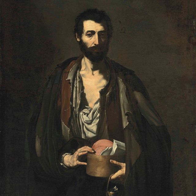 Jusepe de Ribera — Философ, невысокий, в рваной белой рубашке и коричневой куртке, с книгами и плетеной фляжкой в руках