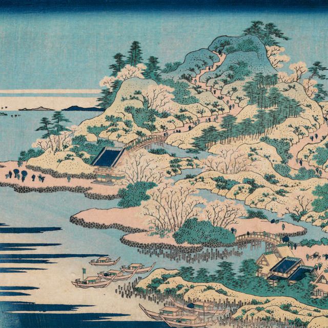 Katsushika Hokusai — Сесшу Аджигавагути Тенпозан (Тенпозан в устье реки Аджи в провинции Сэтцу) из серии "Секоку мейке киран" (Редкие виды знаменитых мостов во всех провинциях)