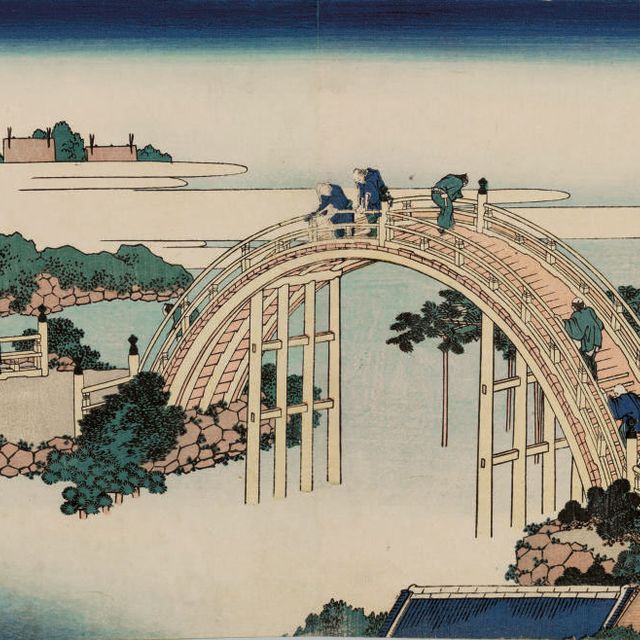 Katsushika Hokusai — Камэйдо тэндзин тайкобаси (Барабанный мост в храме Камэйдо Тэндзин) из серии "Секоку мейке киран" (Редкие виды знаменитых мостов во всех провинциях)