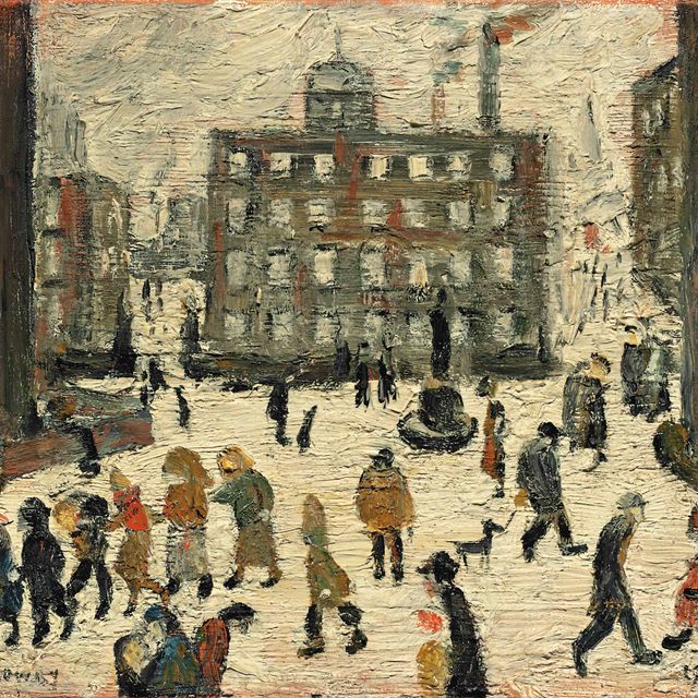 Laurence Stephen Lowry — The Statue, Figures in a Town Square