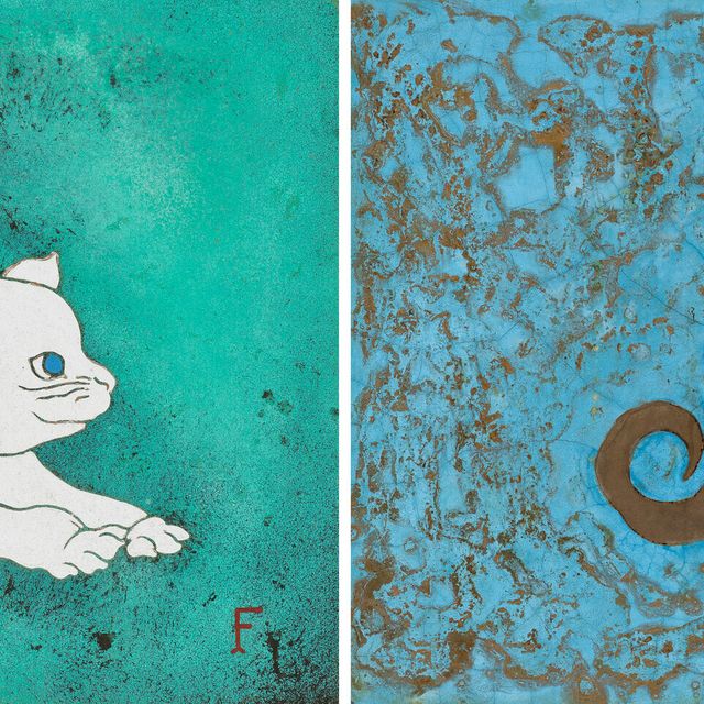 Léonard Tsuguharu Foujita — Белая кошка и котенок на голубом и золотом фоне