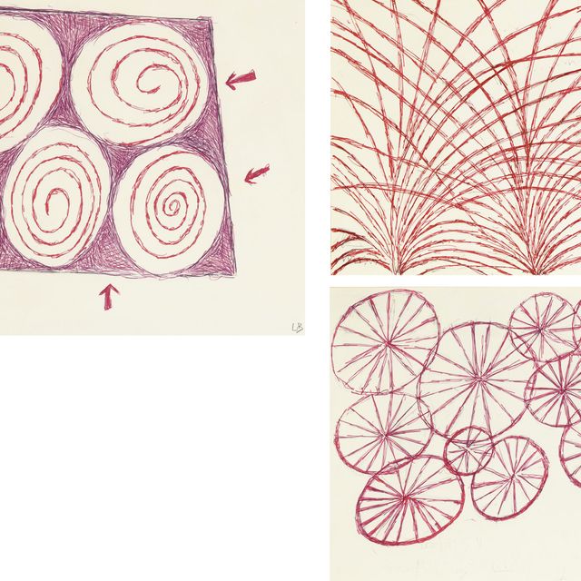 Louise Bourgeois — "Ле Пере, Ля мерэ и трое детей", подписанная инициалами "LB" (внизу справа); надпись, название и дата "Ле Пере, Ля мерэ и трое детей, апрель 11/98, Серия книг о том, как автор не поддается атаке и сопротивляется флешу" (на обороте) размером 9 x 11½ дюйма. (22,8 х 29,2 см) бумага, выполненная чернилами и графитом в 1998 году. Без названия, подписано инициалами "LB" (внизу справа); надпись и дата "20.07.98" (на обороте) чернилами и графитом на бумаге размером 9 x 11½ дюйма (22,8 x 29,8 см). Нарисовано в 1998 году. Подпись Тимоти - инициалы "LB" (внизу справа); подпись "Timothy" (на обороте) чернилами и графитом на бумаге размером 9 х 11½ дюйма (22,8 х 29,8 см). Составлен в 1998 году. (3)