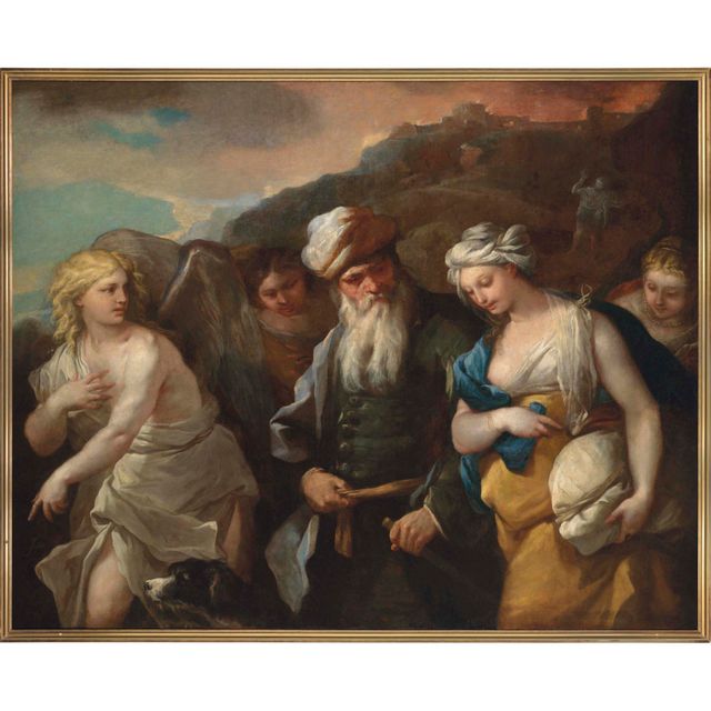 Luca Giordano — Лот и его дочери с двумя ангелами, за которыми виден горящий город Содом.