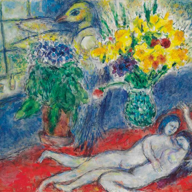 Marc Chagall — Цветы и пара на красном диване