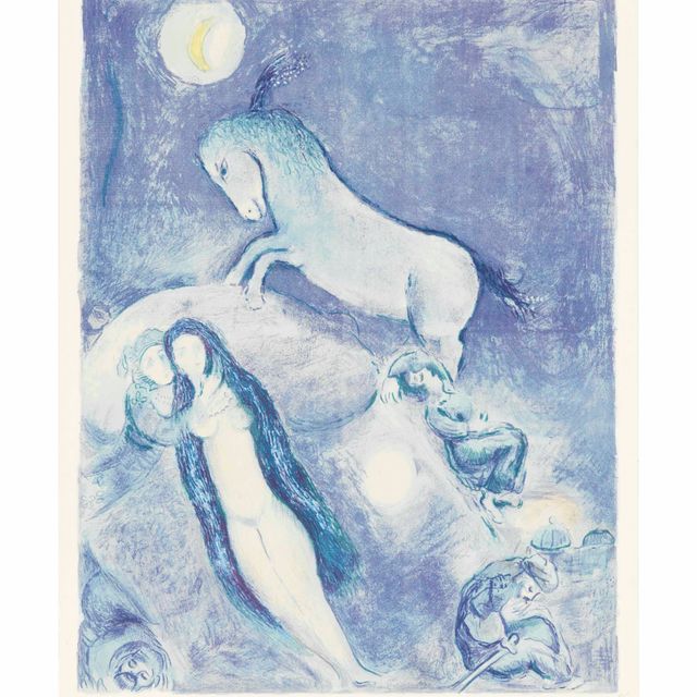 Marc Chagall — Он подошел к дивану и увидел спящую молодую леди, волосы которой были прикрыты сорочкой, словно полная луна, поднимающаяся над восточным горизонтом..., из четырех сказок "Тысячи и одной ночи".