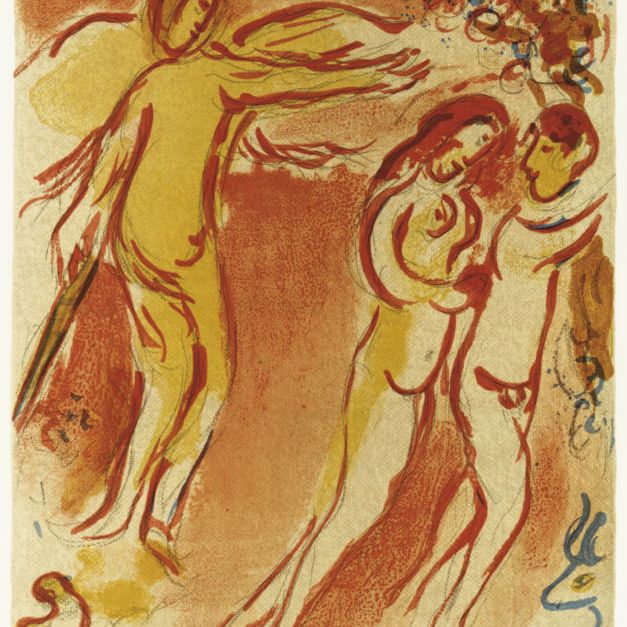 Marc Chagall — Адам и Ева изгнаны из Рая, на рисунках к Библии (М. 237; см. С. книги 42)