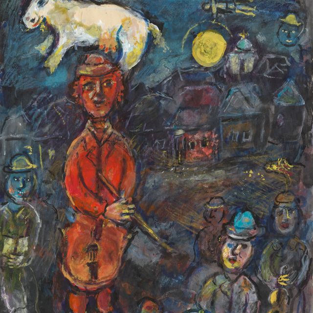 Marc Chagall — Румяная виолончелистка и желтое сердце танцуют в мрачном настроении