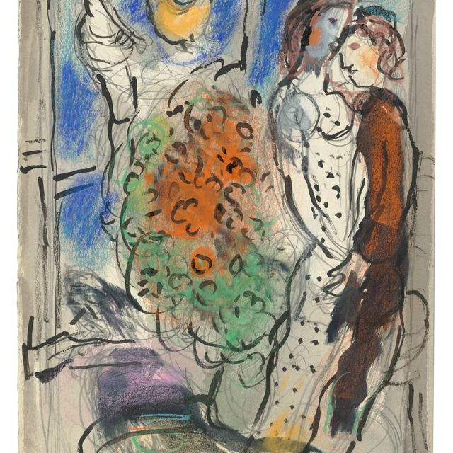 Marc Chagall — Любовь и букет, открывающиеся перед голубым светом