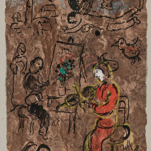 Marc Chagall — Художник и виолончелистка в румянце на фоне темного брюна