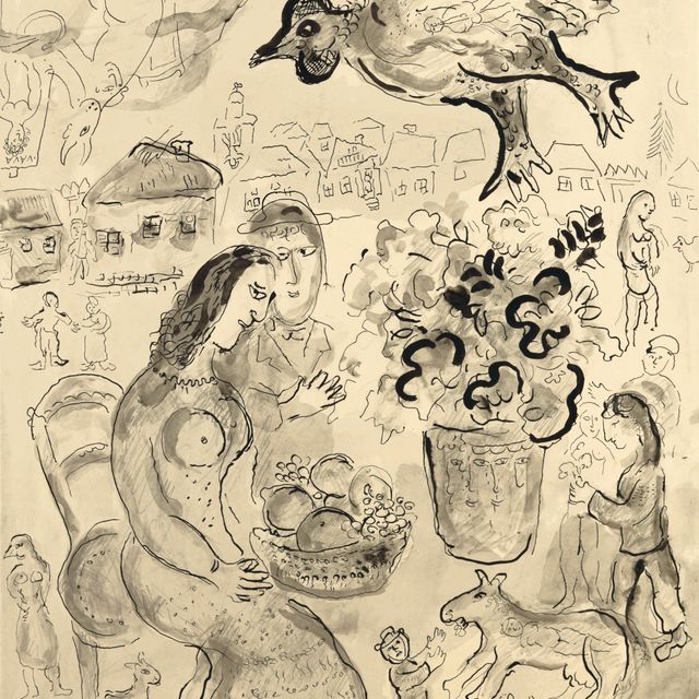 Marc Chagall — Деревенский праздник для влюбленной пары и парящего в воздухе
