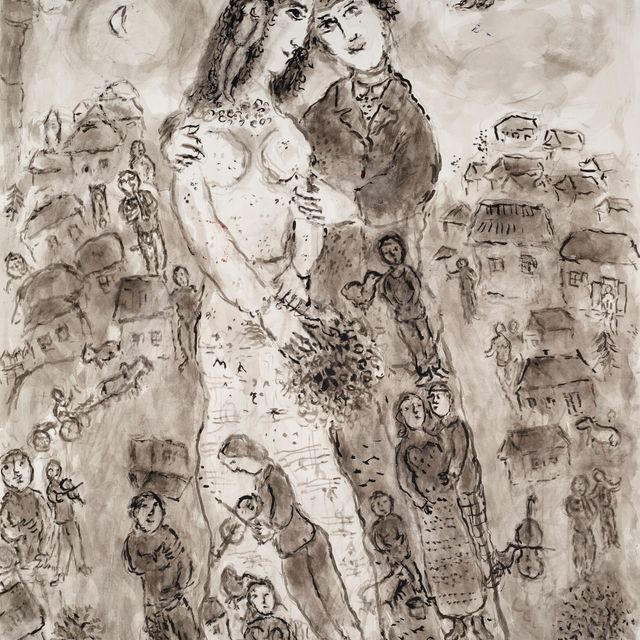 Marc Chagall — Деревенский праздник для марийцев ( справа ); Свадьба супругов и сына ( сзади )