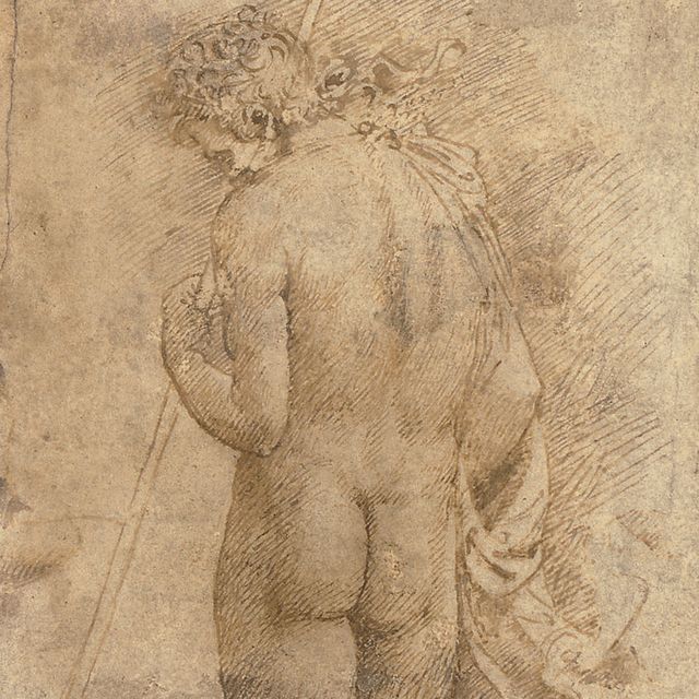 Marcantonio Raimondi — Стоящий обнаженный мужчина, видимый сзади, держит трофейный штандарт