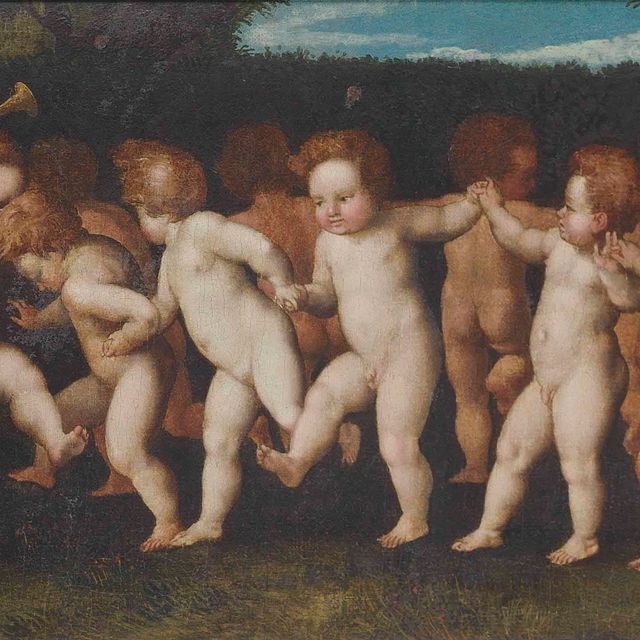 Marcantonio Raimondi — Путти танцует хоровод и играет музыку на фоне паркового пейзажа