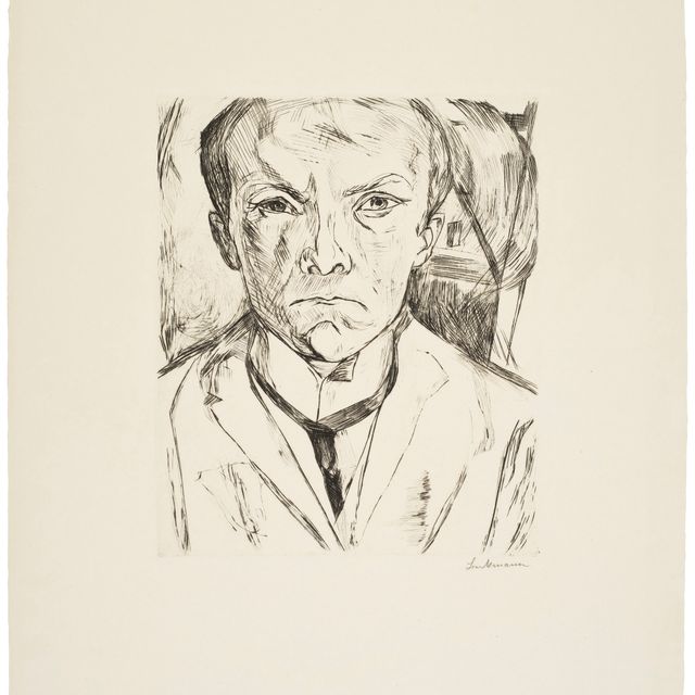 Max Beckmann — Зельбстбилдис фон Ворн, из внутреннего пространства усадьбы (фронтальный автопортрет на фоне фронтона дома)