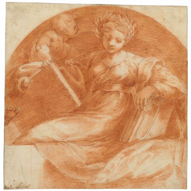 Michelangelo — Сидящая сивилла, держащая в руках книги и планшет с патто