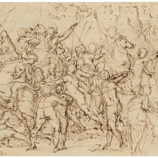 Michelangelo — Сцена битвы на коне (справа налево); Два этюда с изображением головы Лоренцо Медичи, выполненные Микеланджело (слева направо).