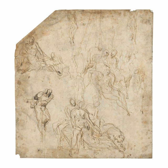 Michelangelo — Этюды к распятию и низложению (справа налево ); Частичный этюд Христа на кресте в окружении двух ангелов, выполненный Микеланджело (оборотная сторона)