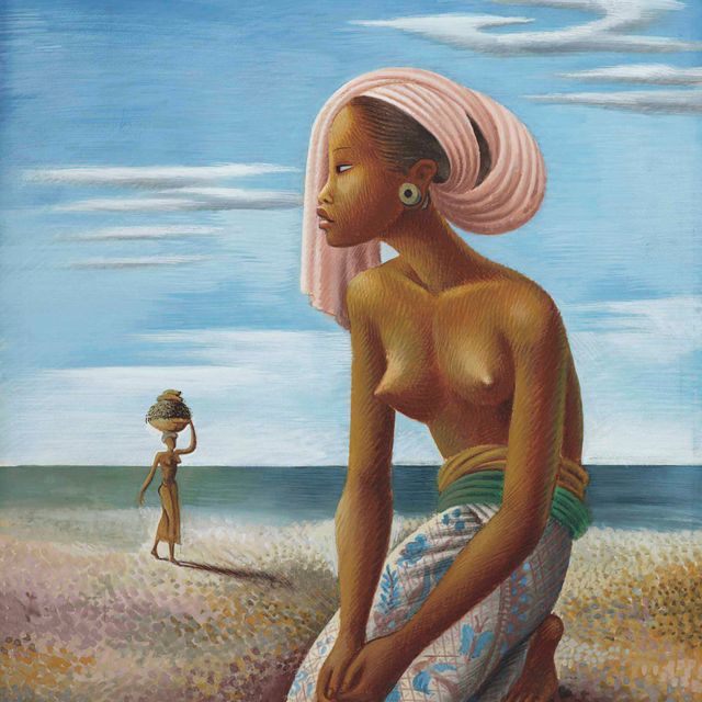 Miguel Covarrubias — Девушка в саронге на берегу океана (также известная как Балинеза с турбантной розой на пляже)