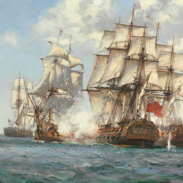 Montague Dawson — Столкновение между "Посредником" и тремя французскими и двумя американскими кораблями