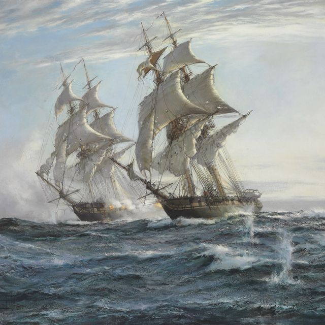 Montague Dawson — Американский бриг "Аргус" вступил в бой со шлюпом его величества "Пеликан" в британских водах, 14 августа 1813 года