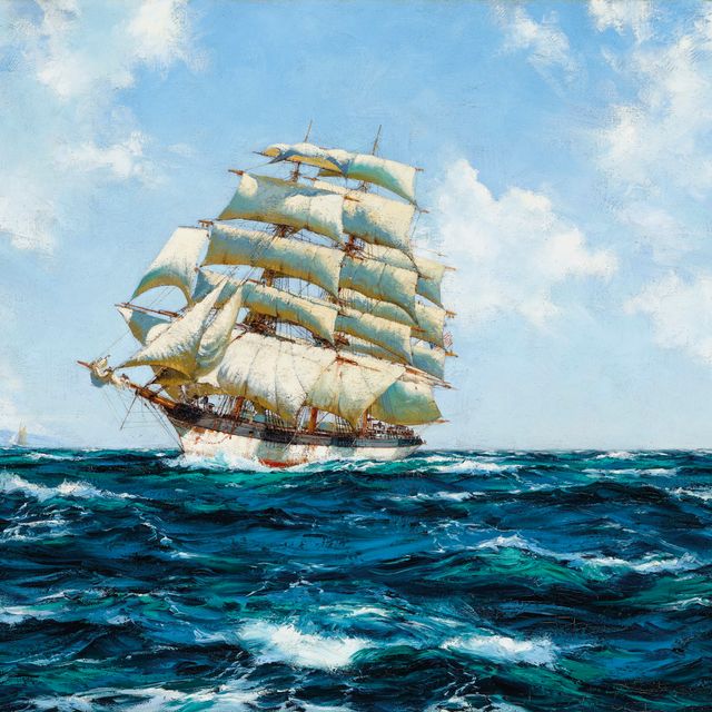Montague Dawson — "Старый Винджаммер" - стареющая красавица, плывущая вдоль побережья