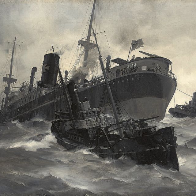 Montague Dawson — Потерпевшее крушение торговое судно "Овиндин Грейндж" взято на буксир