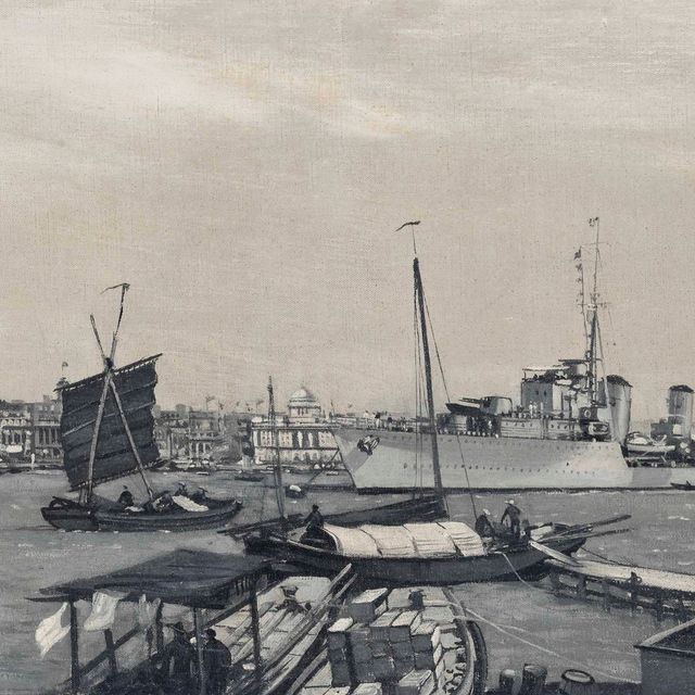 Montague Dawson — Британский военный корабль, стоящий в гавани Шанхая, Китай