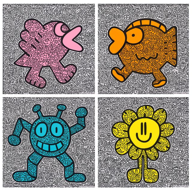 Mr Doodle — Желтый цветок, Оранжевая рыбка, Розовая птичка и синий робот (4 работы)