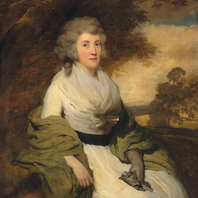 Mr. — Портрет Генриетты, миссис Джон Пэриш (1745-1810), в три четверти роста, сидящей на фоне пейзажа, в белом платье, зеленой шали и перчатках