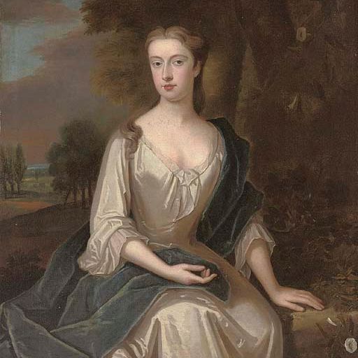 Mr. — Портрет леди, которую традиционно называют миссис Четэм (1691-1749), урожденной Мэри Холт, в три четверти роста, в атласном платье цвета устриц и синей накидке, сидящей на фоне пейзажа