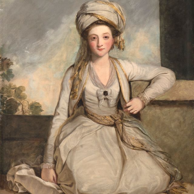 Mr. — Портрет Мэри Хорнек (1754-1840), позже миссис Фрэнсис Эдвард Гвин, в полный рост, стоящей на коленях в белом шелковом платье с тюрбаном в тон и газовым поясом.