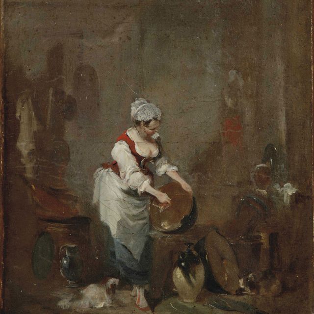 Nicolas Lancret — Дама в интерьере чистит медный котел, у ее ног собака.
