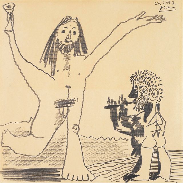 Pablo Picasso — Два персонажа мужского пола в молодости - бродяги, прославляющие жизнь, вино и музыку