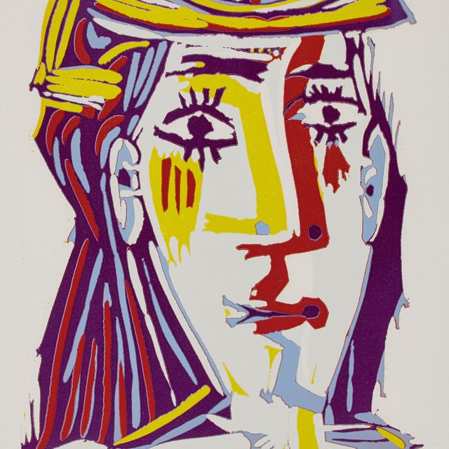 Pablo Picasso — Многоцветный портрет Жаклин в головной убор из ткани
