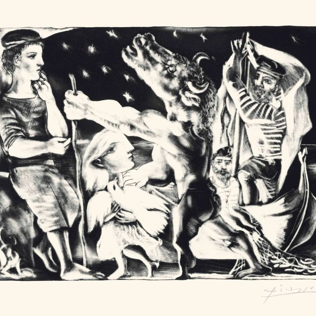 Pablo Picasso — Минотавр - путеводитель по Марии-Терезе с голубем, танцующей в ночной жизни, из оперы "Сюита Воллара"