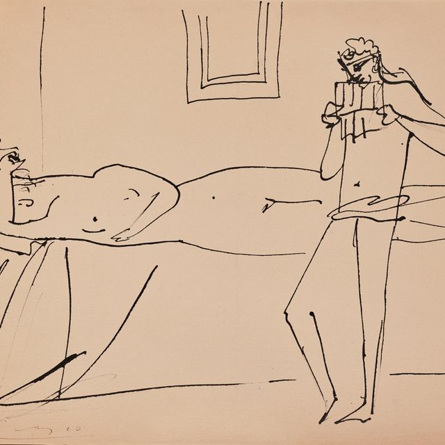 Pablo Picasso — Новая любовь женщины и мужчина, танцующий на флейте со сковороды