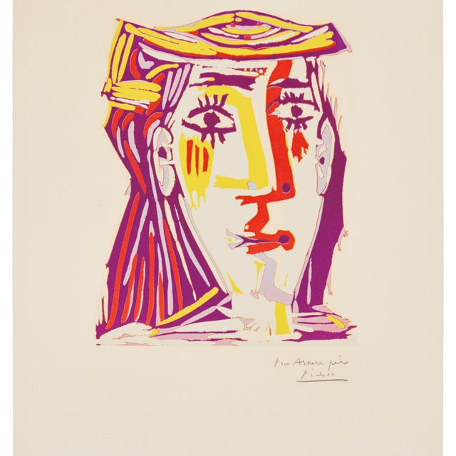 Pablo Picasso — Многоцветный портрет Жаклин в головной убор из ткани